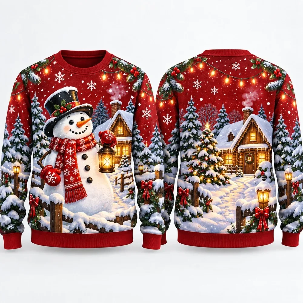 New Snowman Village Ugly Christmas Sweater for Men Women Festive Holiday Party Crewneck Pullover Long Sleeve Winter Sweaters