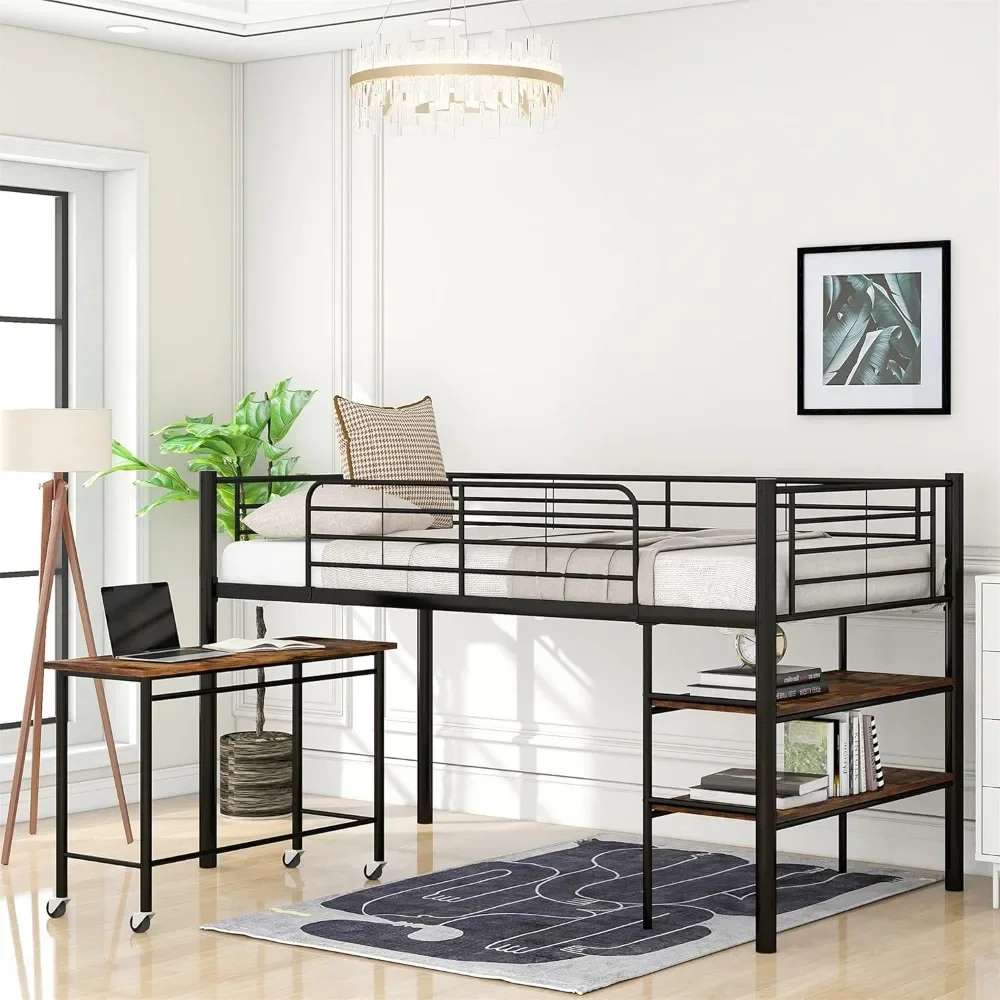 

Children Beds, Designs Low Loft Bed with Desk, Twin Size Metal Loft Bed Frame with Storage Shelves for Kids