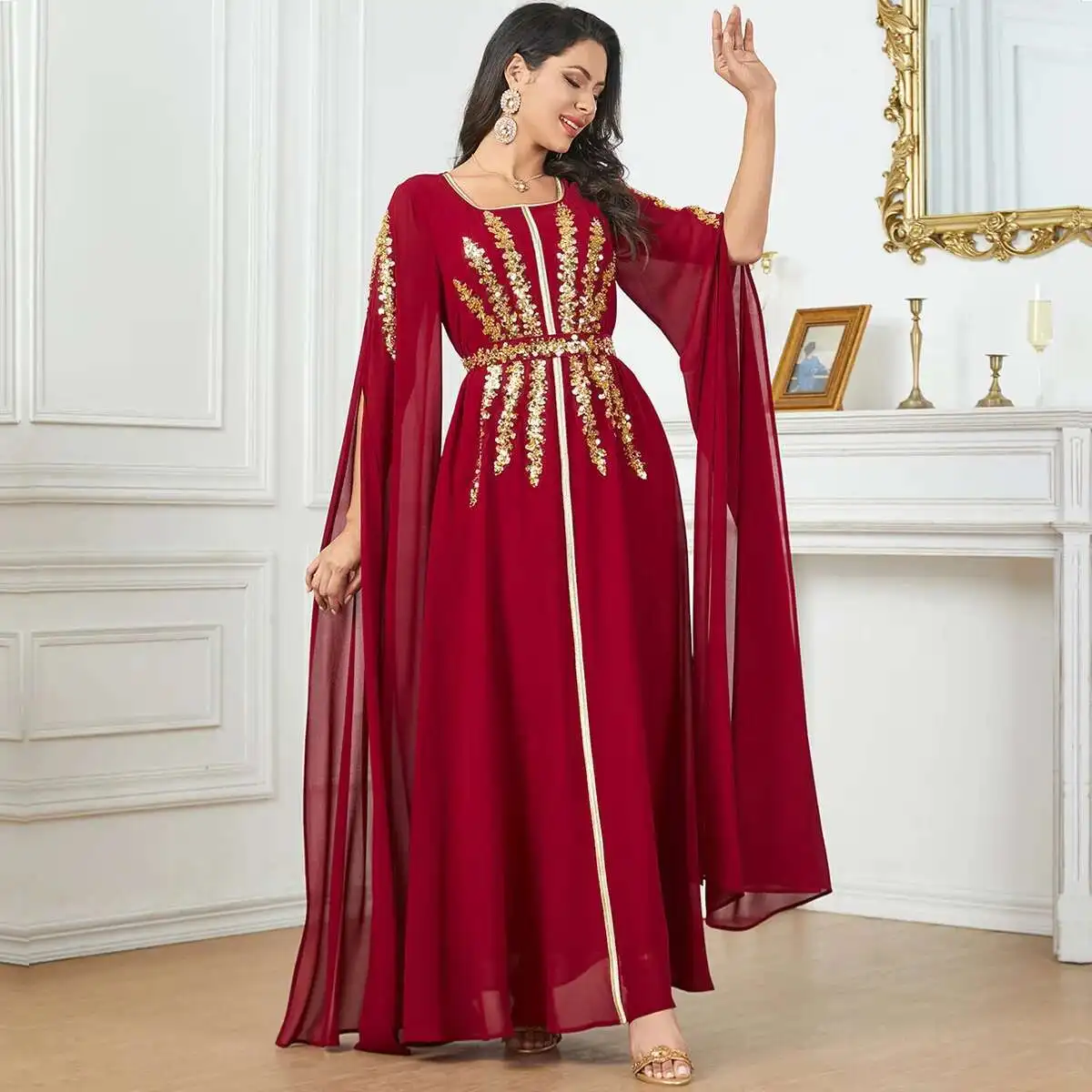

3915 Dubai Fashion Evening Dress Arabic Women's Long Robe Extra Long Sleeve Muslim Dress Ramadan Dubai Luxury Islam Elegant