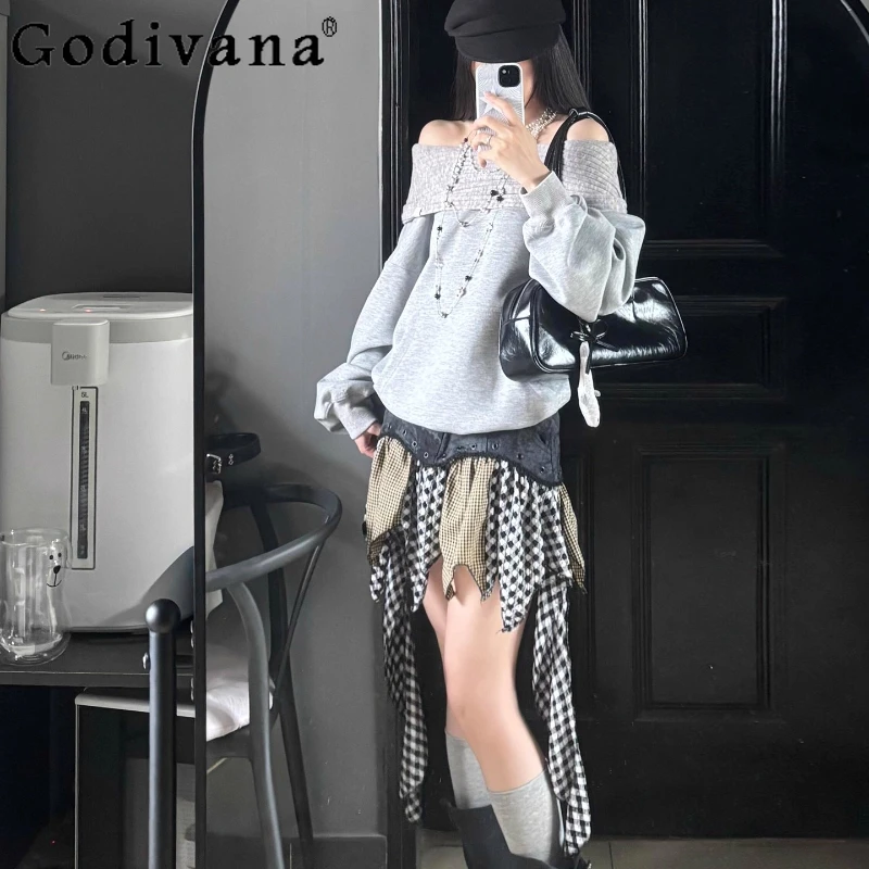 Gray Off Shoulder Sweatshirt for Women Spring Autumn Japanese Style Hoodies Girls Lolita Sweet Loose Versatile Sweatshirts