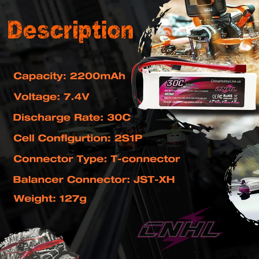 2pcs CNHL 2S 7.4V Lipo Battery 2200mAh 40C 70C With T Deans XT60 Plug for FPV Quadcopter Drone Airplane Helicopter Car Hobby