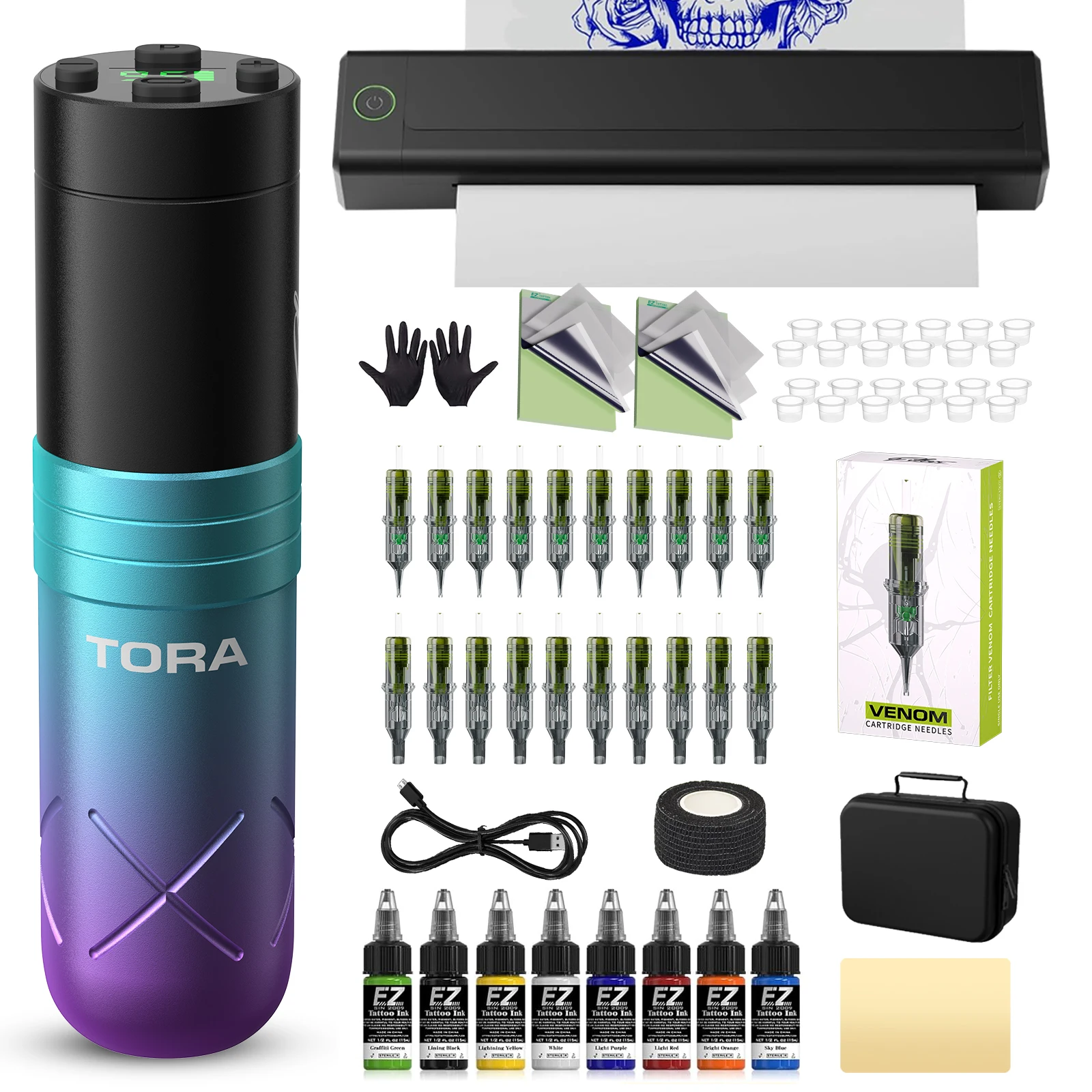 

Filter Tattoo Stencil Printer Kit Printer Machine 7Strokes 2.0-4.0mm Wireless Tattoo Gun Machine 20Pcs Tattoo Cartridge Needles