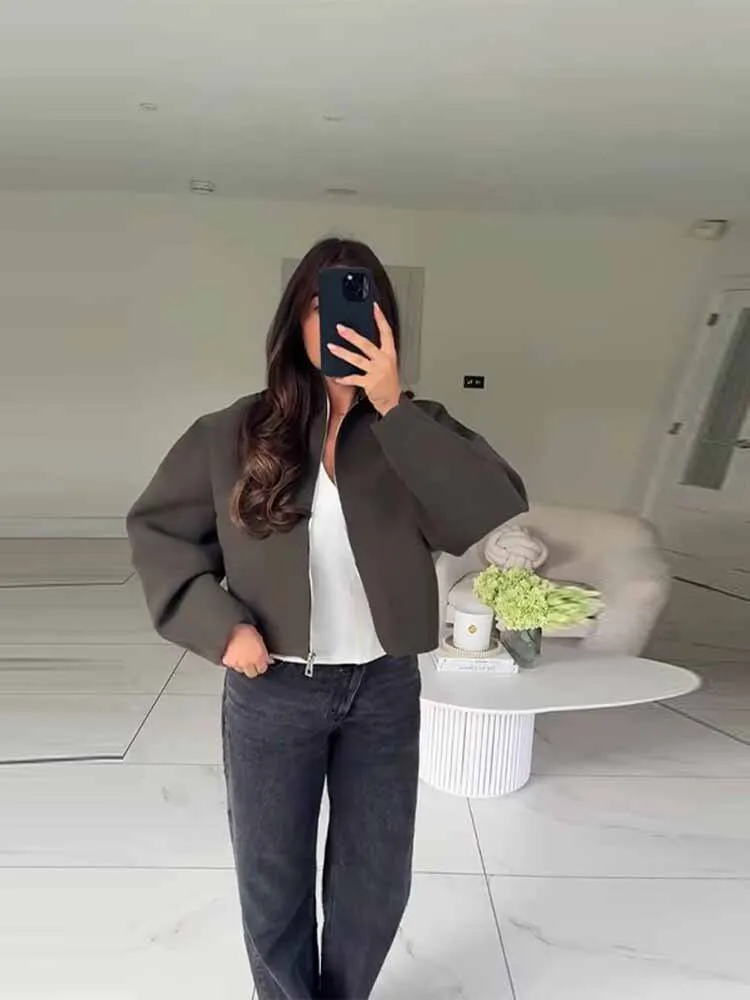 HH Frau Frühling Mode Lange Ärmel Zipper Einfarbig Lose Beiläufige Mantel Weibliche Pendeln Leichte Street Style Kurze Jacke