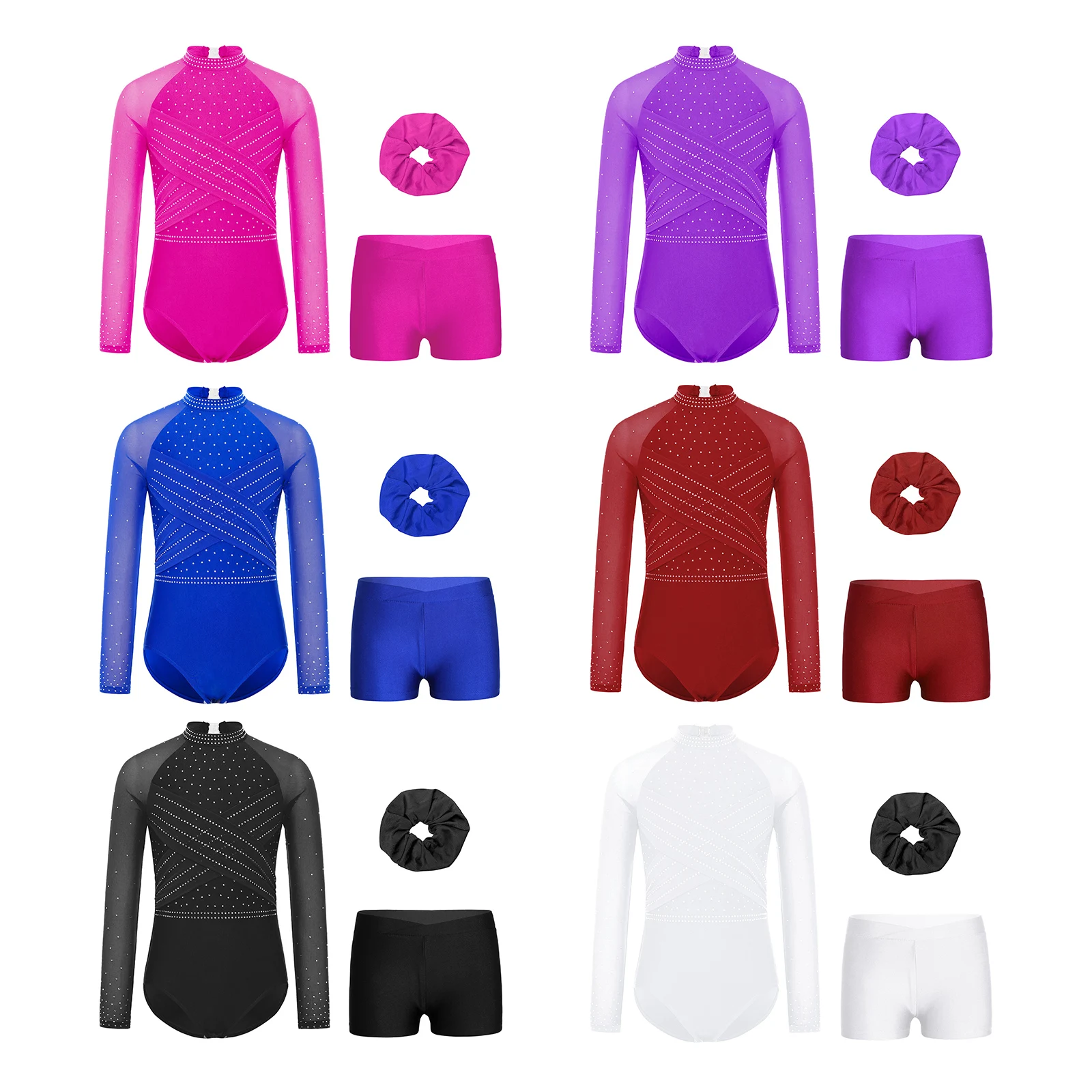 3 조각 어린이 소녀 체조 발레 댄스 복장 쉬어 메쉬 긴 소매 크로스 프론트 컷 아웃 백 레오타드 + 반바지 + 헤어 밴드 세트