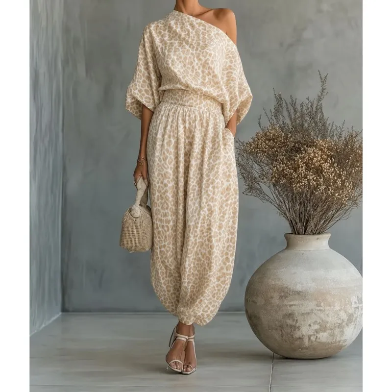 Sexy Leopard Print Loose Sloping Shoulder Top+lantern Pants Two-piece Set Women's Spring Autumn Fashion Long Sleeved Office Suit