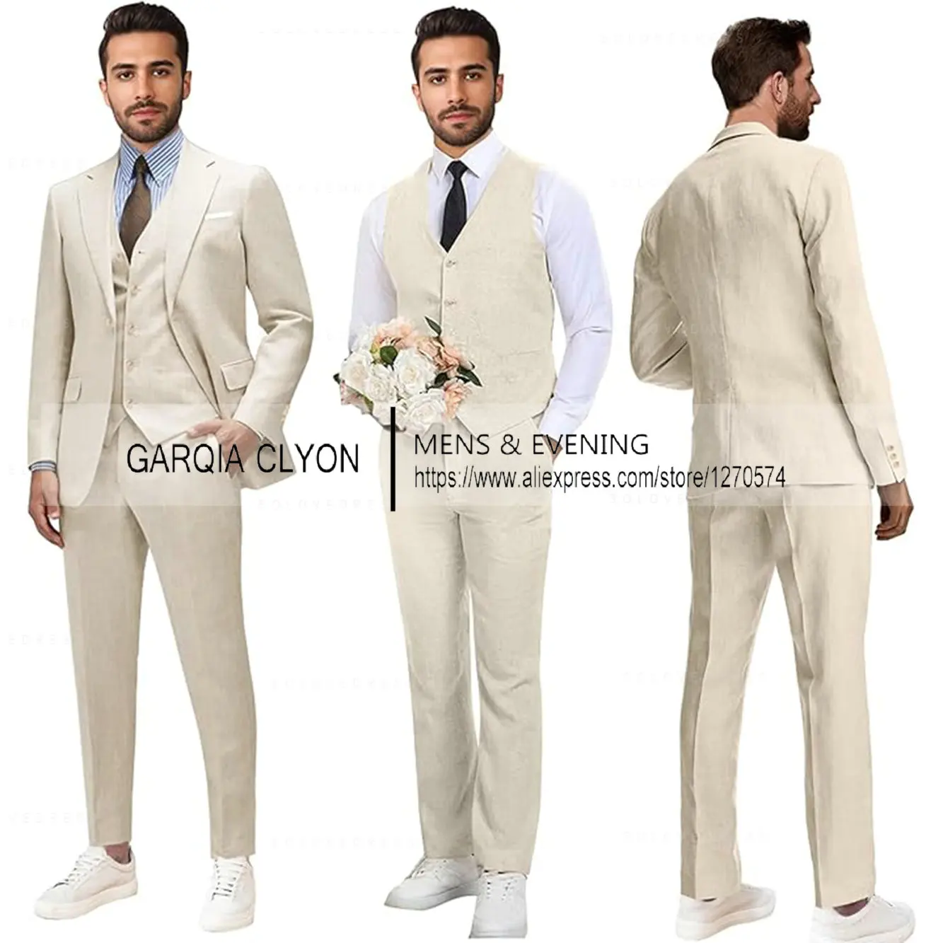 2024 Suits for Men 3 Piece Linen Suit Summer Beach Wedding Party Casual Suit Blazer Vest Slacks