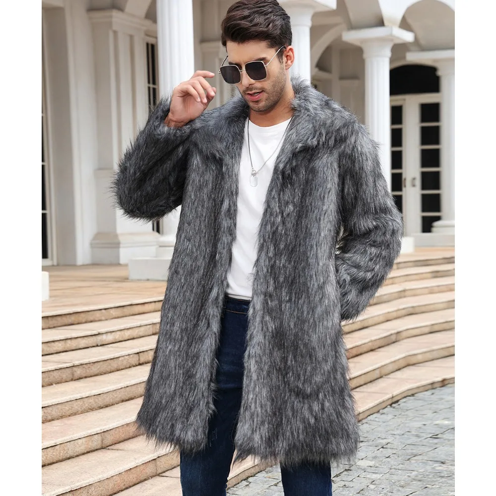 Luxury Brand Thick Warm Winter Men Big Lapel Faux Fur Coat Loose Mid-length Trench Coat Casual Fur Jacket Overcoat Mens Clothing