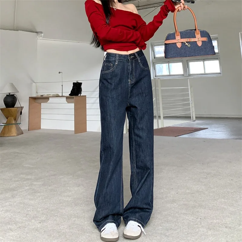 الكورية الرجعية عالية الخصر مستقيم المرأة الجينز الربيع أزياء السيدات بسيطة تنوعا فضفاض جان أزرق داكن واسعة الساق Y2K بنطلون
