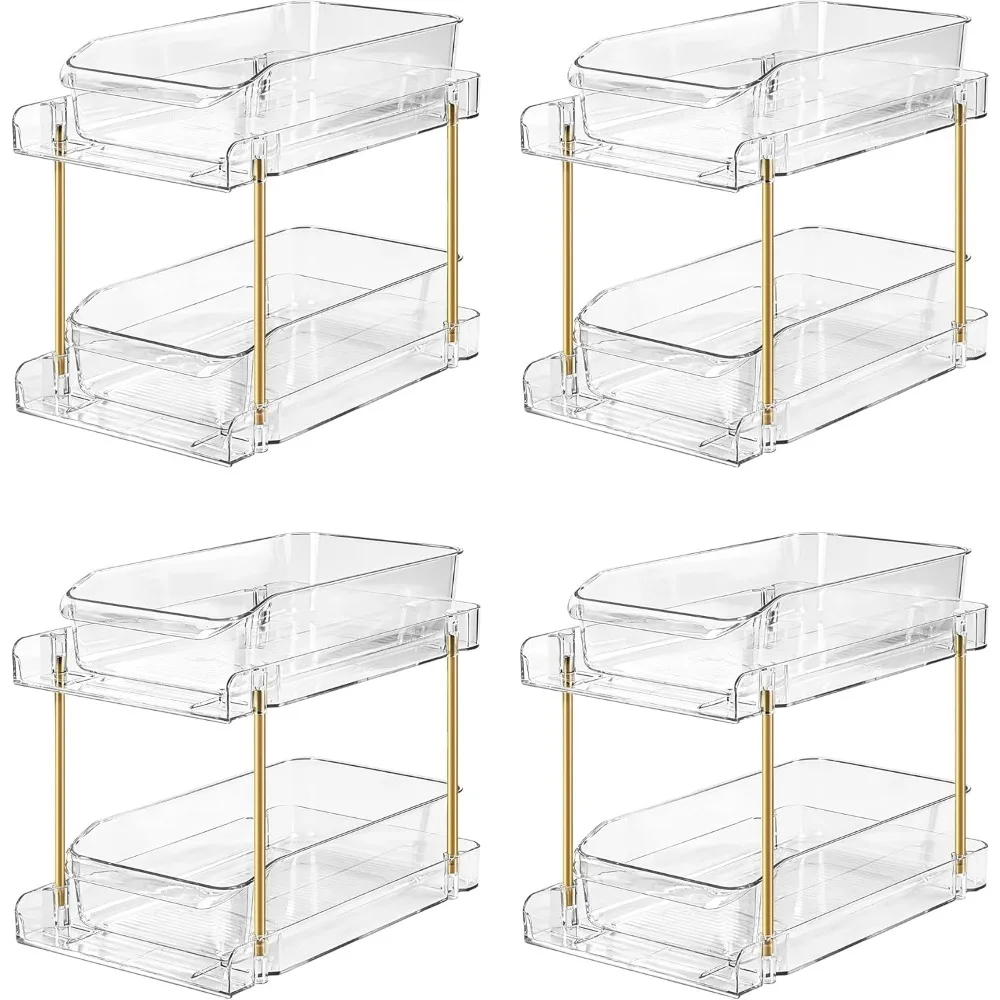 4 Pack Stackable 2 Tier Organizer Cabinet Shelf Pull Out Storage for Kitchen Bathroom Pantry Countertop