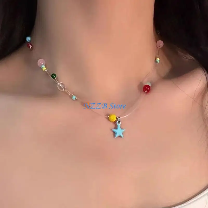 

T21F Party Necklace Colorful Star Beaded Pendant Clavicle Chain Delicate Star Collar