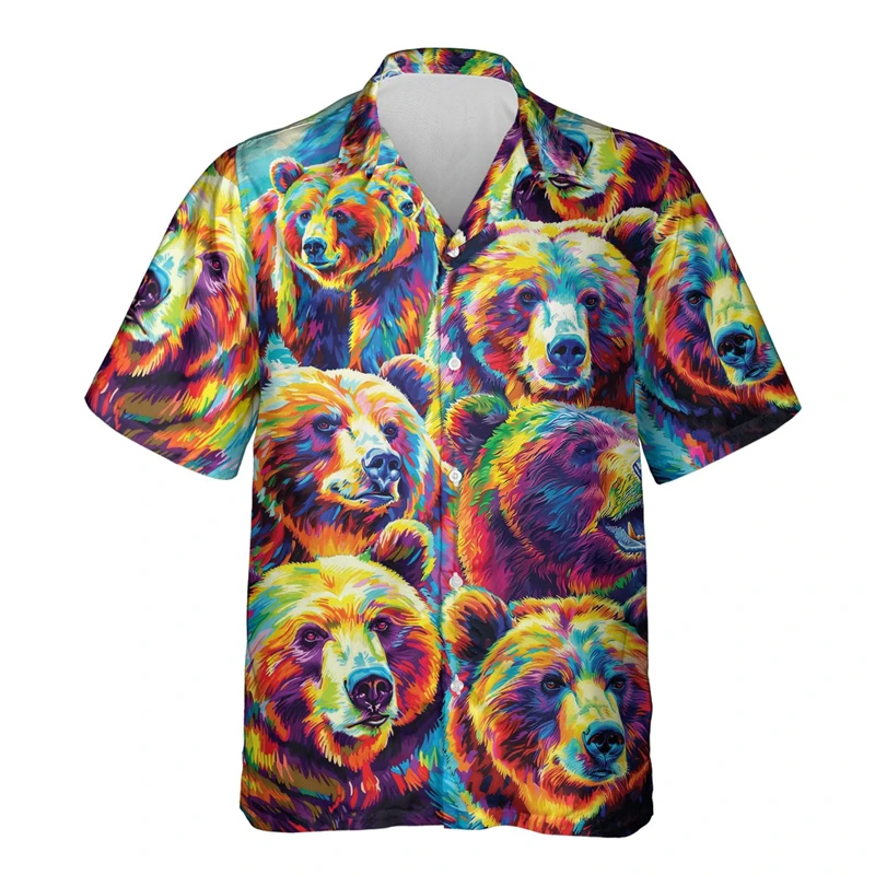 Hawaiian Shirts For Men Brown Bear Print Animal Summer Short Sleeve Cute Animal Tops Vaction Casual Men's Clothing Party Blouses