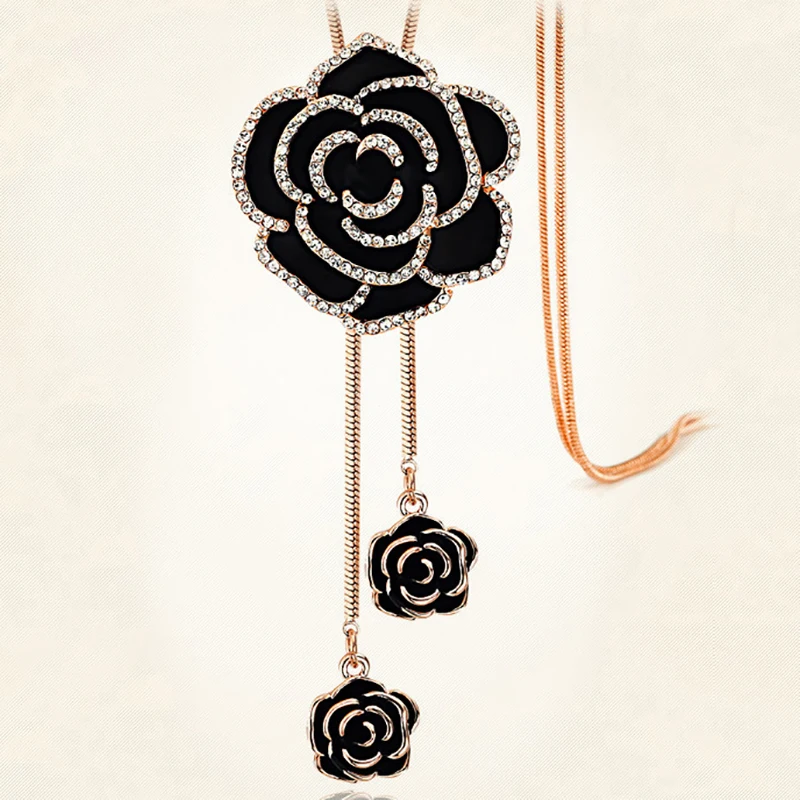 Fashion Black Rose Flower Long Necklace Sweater Chain Metal Crystal Pendant Necklaces Adjusted