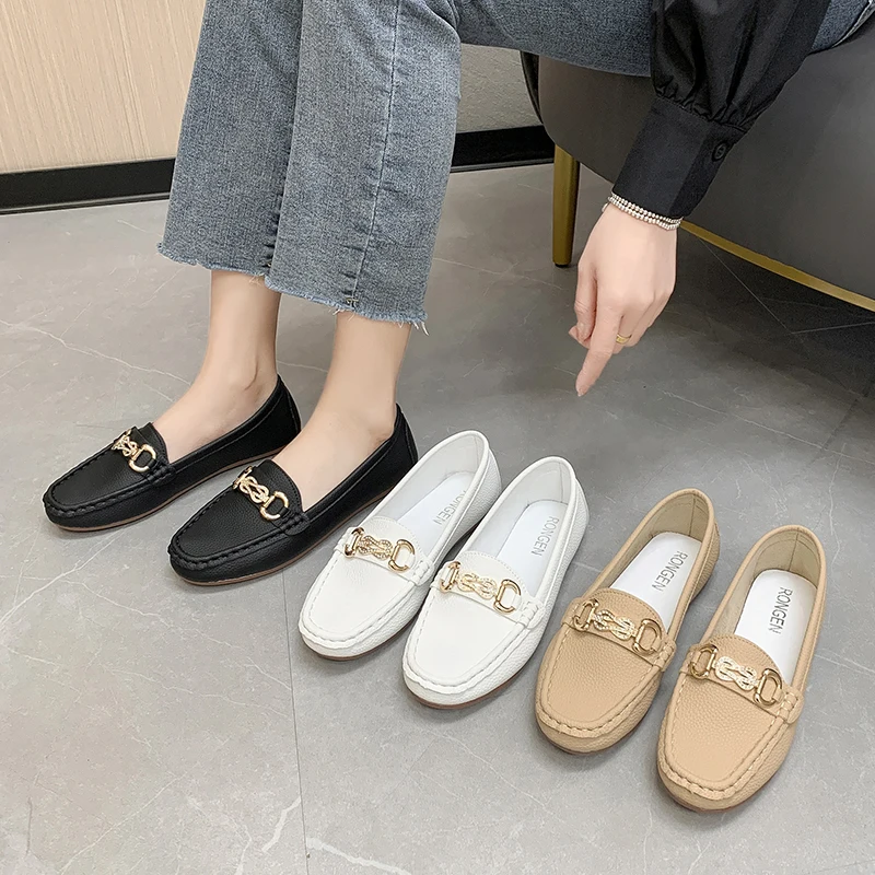 Fashion Chain Design Flat Loafers Leisure Women\'s Shoes Wear Out PU Leather Shoes Classic Shallow Mouth Shoes 2023 New Flats