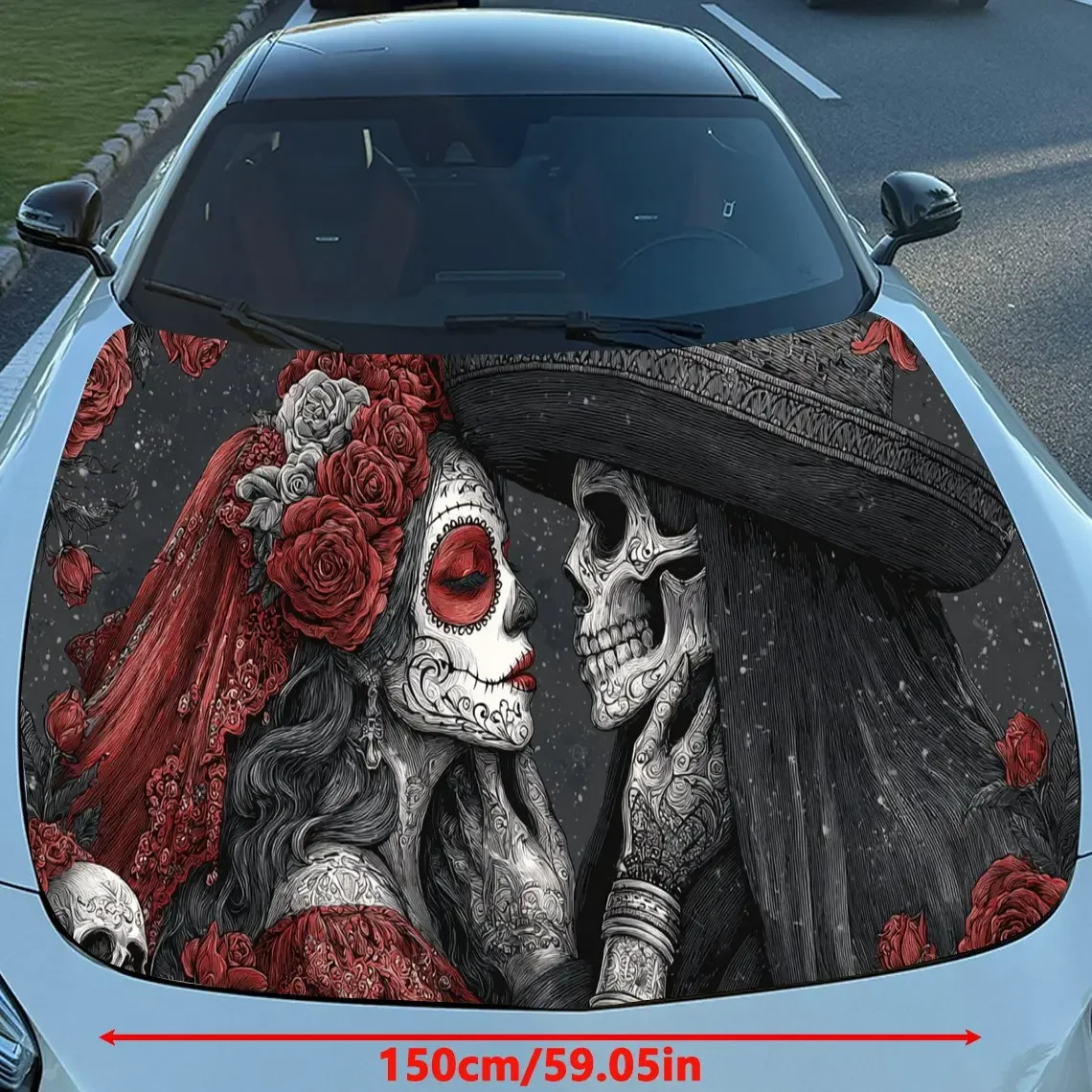 Day of the Dead Skull Couple Cultural Exploration PVC Car Engine Hood Vinyl Wraps, Self-Adhesive Waterproof Car Hood Decal Stick