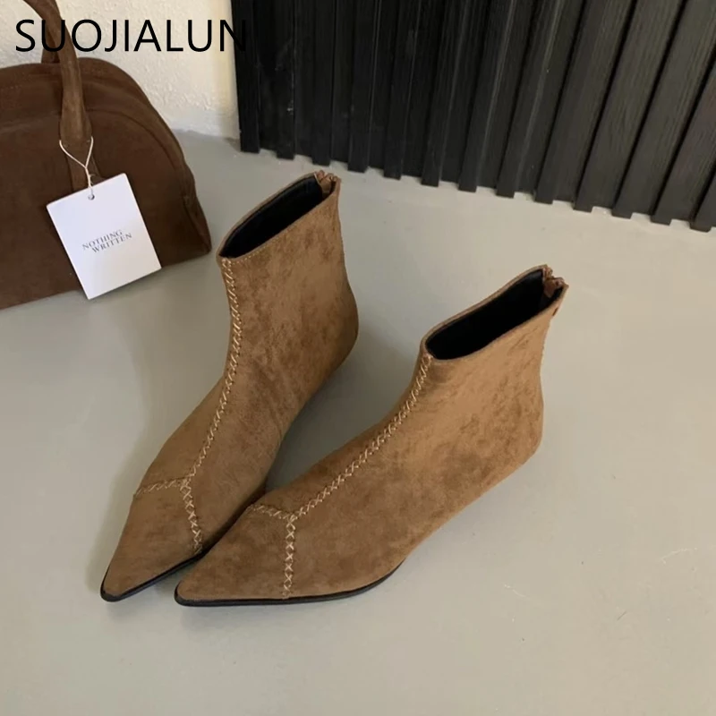 SUOJIALUN Winter New Brand Women Ankle Boots Fashion Ladies Elegant Low Heel Short Boots Shoes Pointed Toe Dress Pumps Shoes