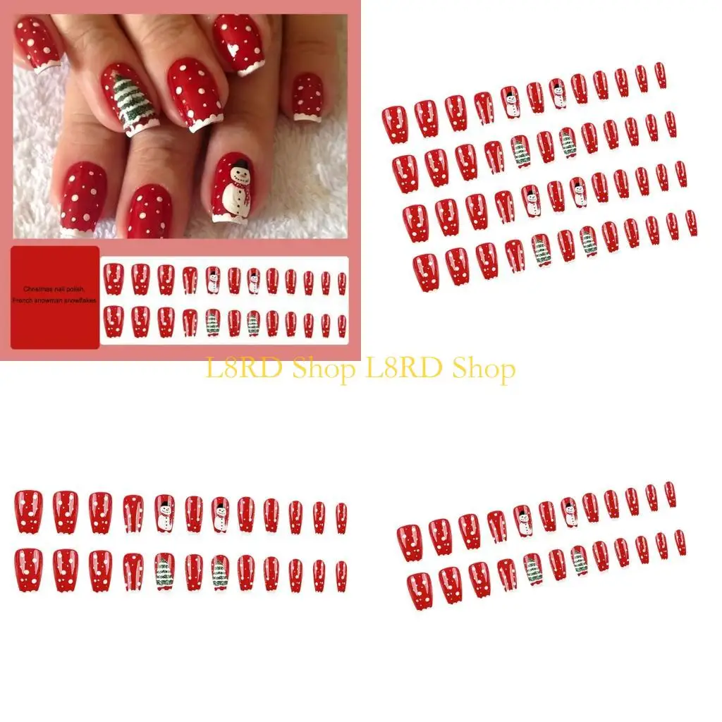 L8RD Pack Of 24/48 French Snowman Snowflake Press On False For Christmas Party And Festive Event Women Decors