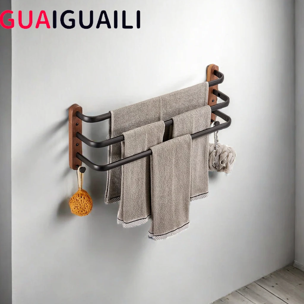 

No-hole black walnut towel bar double rod towel rack， holder rack bathroom shelf wall hanging multi-rod towel hanging Bars