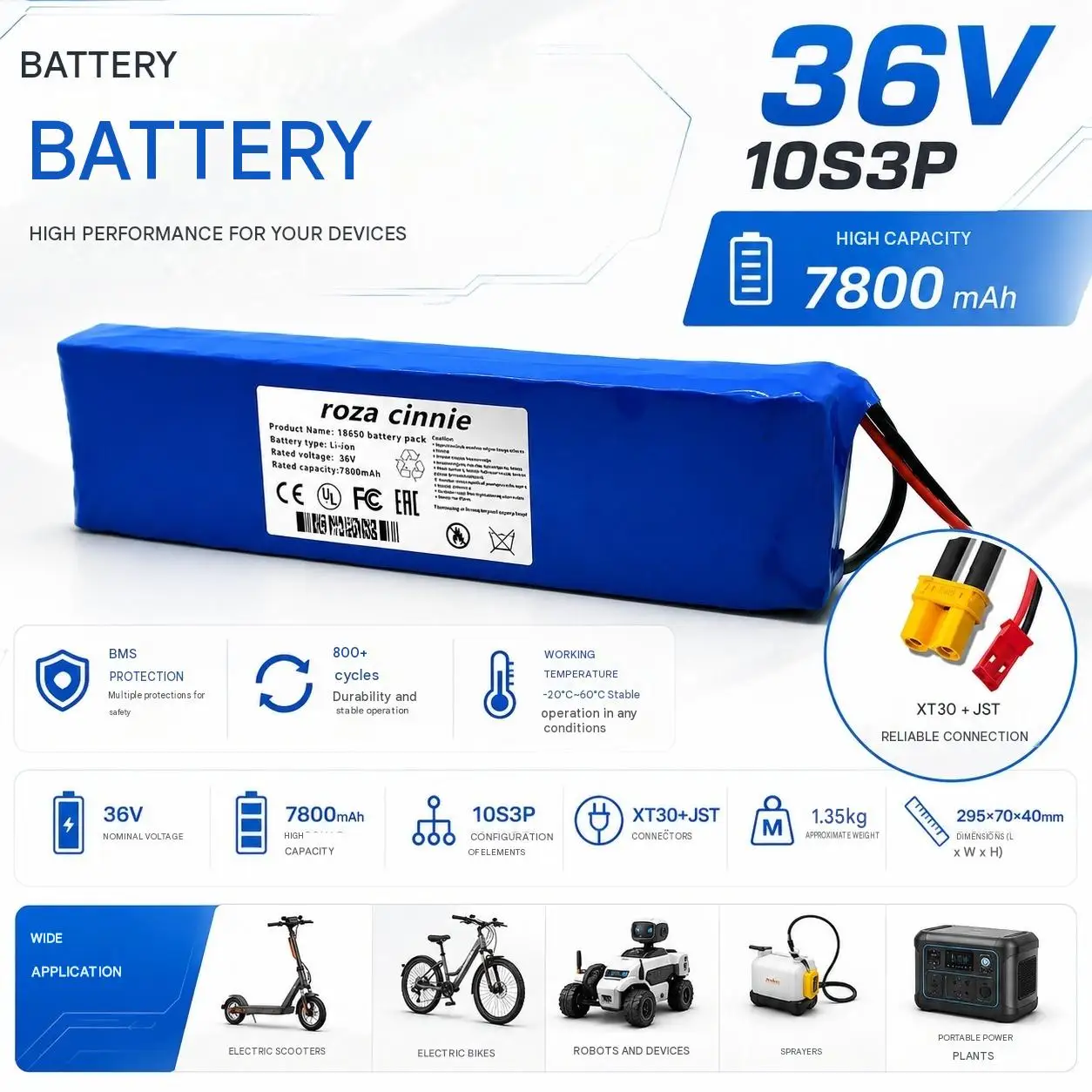 36V scooter battery, compatible with M36 and other models, replacement battery XT30 + JST plug.
