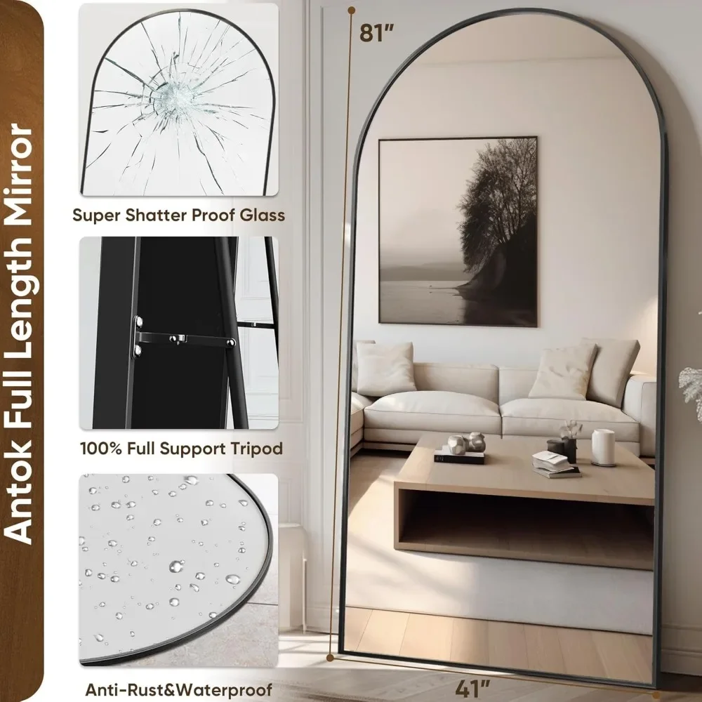 Specchio a figura intera, specchio da pavimento ad arco oversize 81 "x 41" Freestanding, specchio a tutta massa specchio da terra