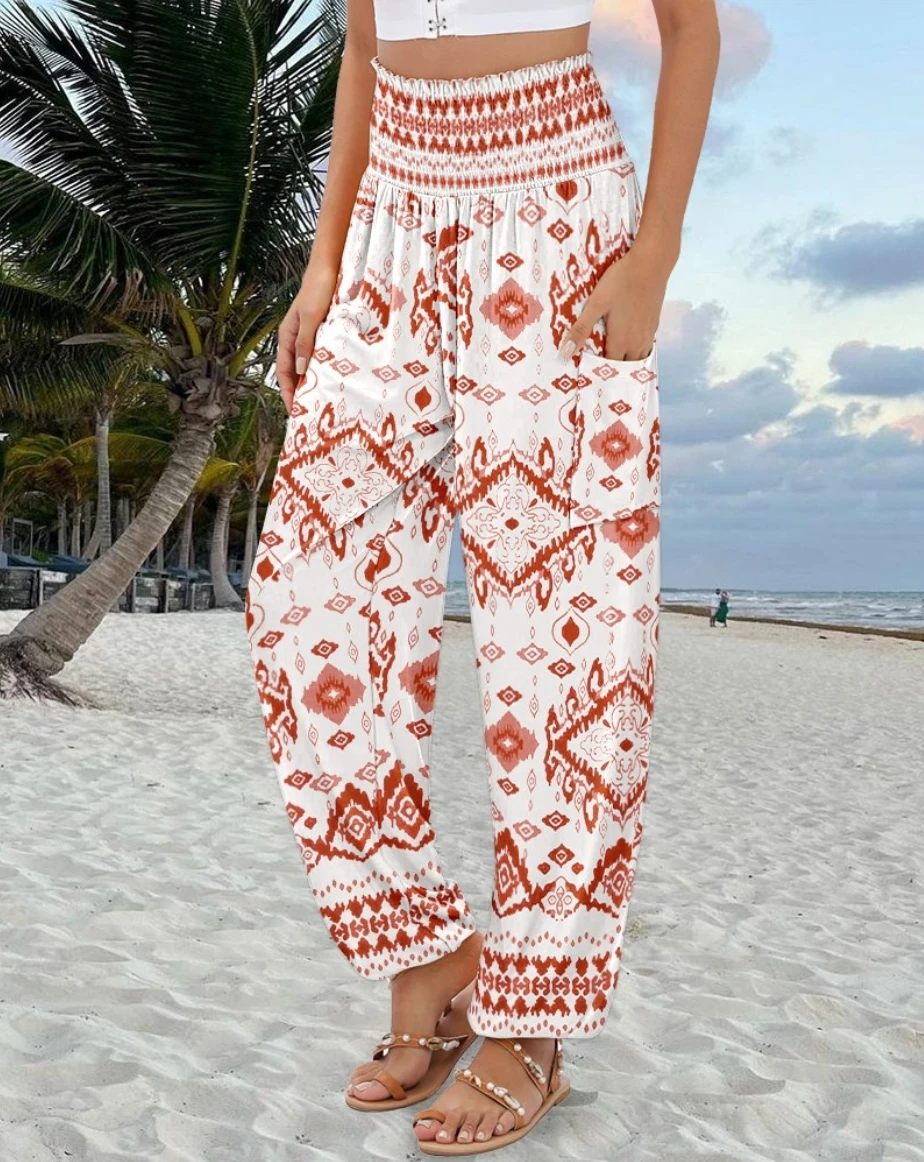 Damen Palazzo-Hose mit hoher Taille, Boho-Print, lockerer Passform, geometrischem Blumenmuster und Seitentaschen für den Sommerurlaub am Strand – Detail 6