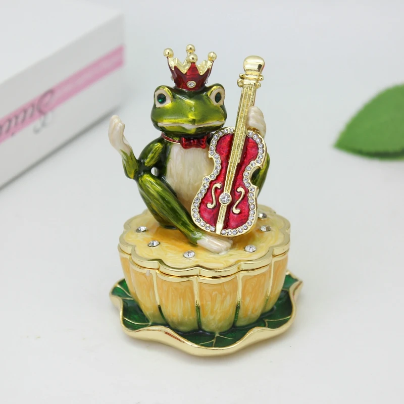 

SHINNYGIFTS Hand Painted Enameled Guitar Frog Trinket Box Unique Mini Jewelry Organizer Home Decor