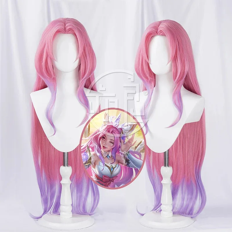 Wig Cosplay Seraphine Crystal Rose KDA Game LOL 2025, Wig Wanita Bergelombang Longgar Warna Pink Campuran Ungu, Rambut Sintetis Tahan Panas