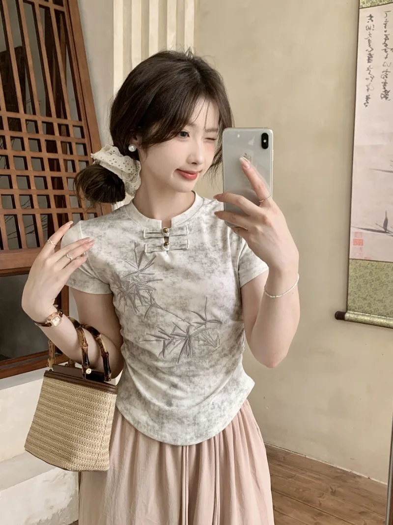 Miiiix-Camiseta retrô de gravata tingida chinesa bordada feminina, pescoço em pé, botão, manga curta, top emagrecedor, verão, novo, 2024