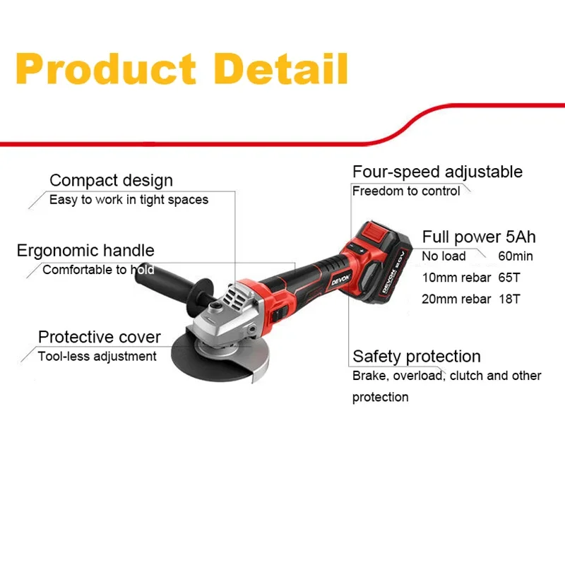 Devon 2905-li Wireless Angle Grinder Brushless Motor Rechargeable 20v 125mm 9000rpm 4 Speed Adjustable Universal Flex Battery