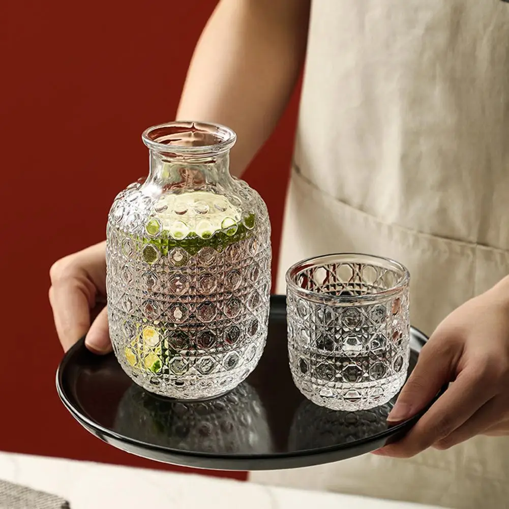 Glass Jug Cup Functional Glass Drinkware Vintage Water Carafe Glass Set Bedside Juice Pitcher with Tumbler Cup Night for Kitchen