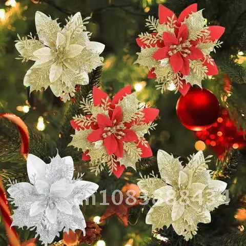 

5pcs Artificial Flower Head 14cm Glitter Christmas Decoration For Christmas Tree Ornament Fake Flower DIY Wedding Birthday Decor
