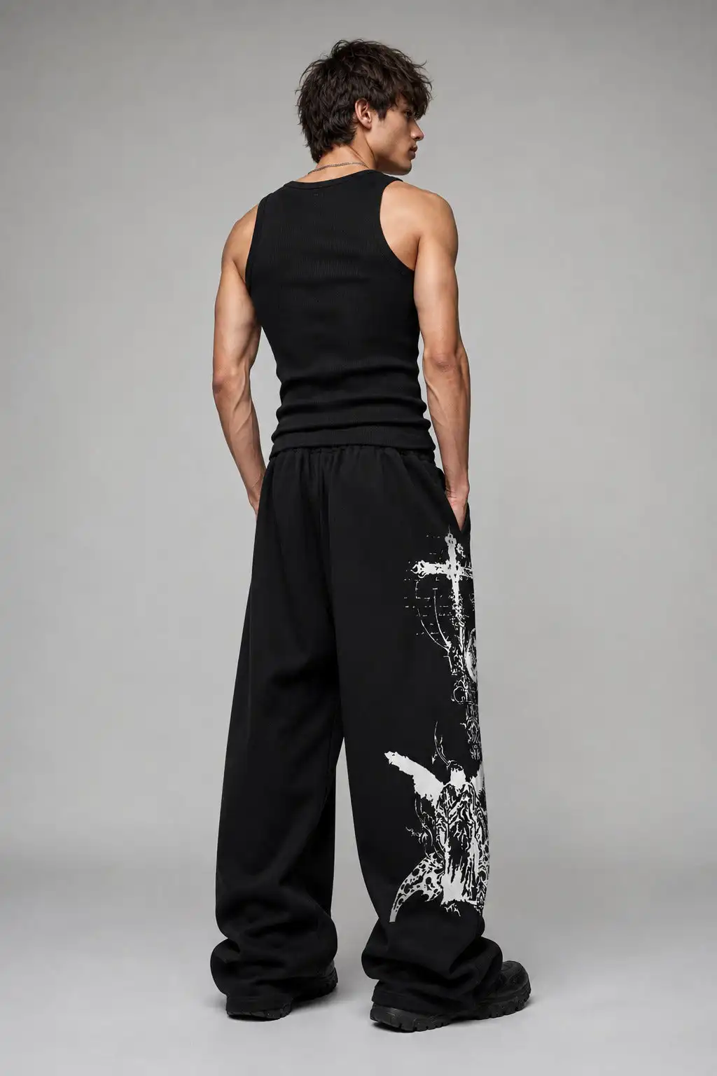 Y2K  Sweatpants White Skull Skeleton Thorn Print Elastic Drawstring Waist Loose Gothic Dark Hip‑Hop Streetwear Casual Trousers