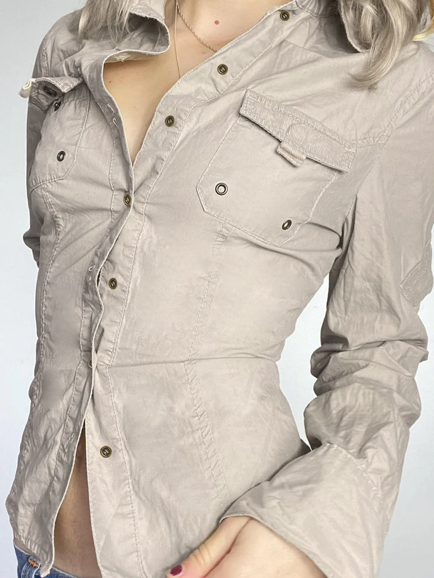 Workwear สไตล์การออกแบบกระเป๋า Splicing เอว cinching slimming อารมณ์สบายๆเผ็ดสาวเสื้อแขนยาว