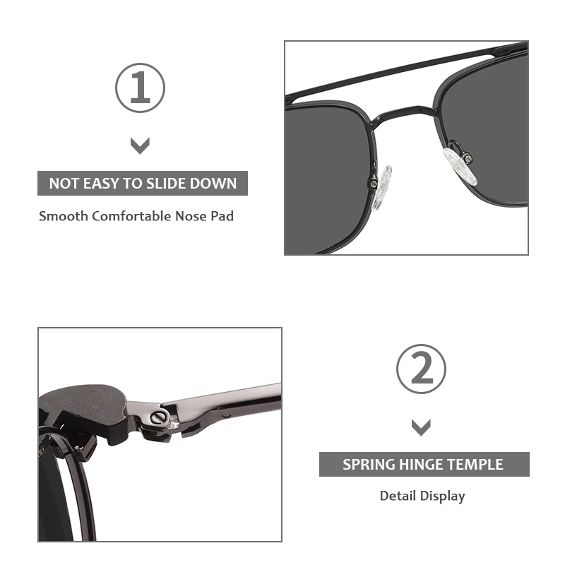 Men Metal Rectangle Glasses Frame Spring Hinge Temple With Black Magnetic Polarized Clip On Sunglasses For Prescription Lenses