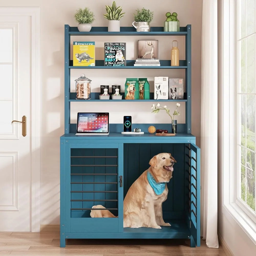 

Large Solid Wood Dog Crate Furniture - Indoor Kennel Cage for Extra-Large Dogs w/Storage Shelves, Eco-Friendly Water-Based Paint