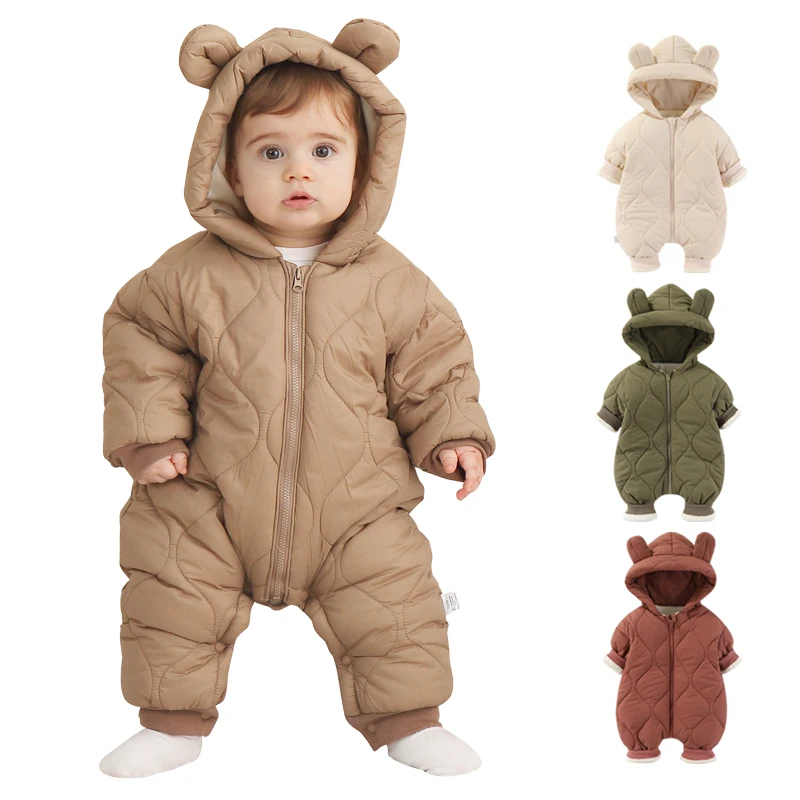 Baby jumpsuit Winter new plush and thick cotton clothes Newborn crawling clothes Baby and children\'s hooded outdoor clothes