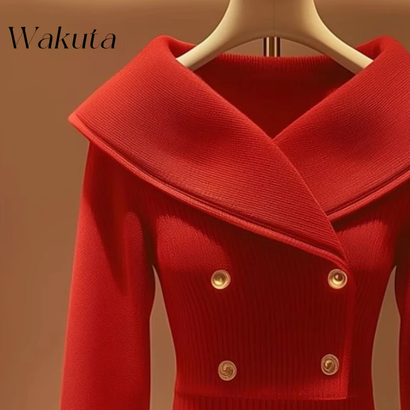 WAKUTA Jesienne eleganckie swetry z dzianiny z długim rękawem i klapami Design Sense Niche Premium Sense Little Chant Pullovers Кофта Женская