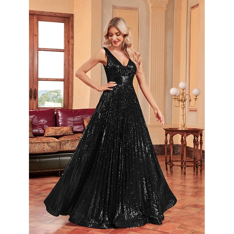 Summer Women Sleeveless V Neck Backless Elegant vestido de festa Ladies Sequined Party Evening Prom Cocktail Long Maxi dress