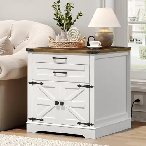 Farmhouse End Table with Charging Station, 24'' Sofa Side Table with 2 Drawers and Barn Door, Large Rustic Wooden