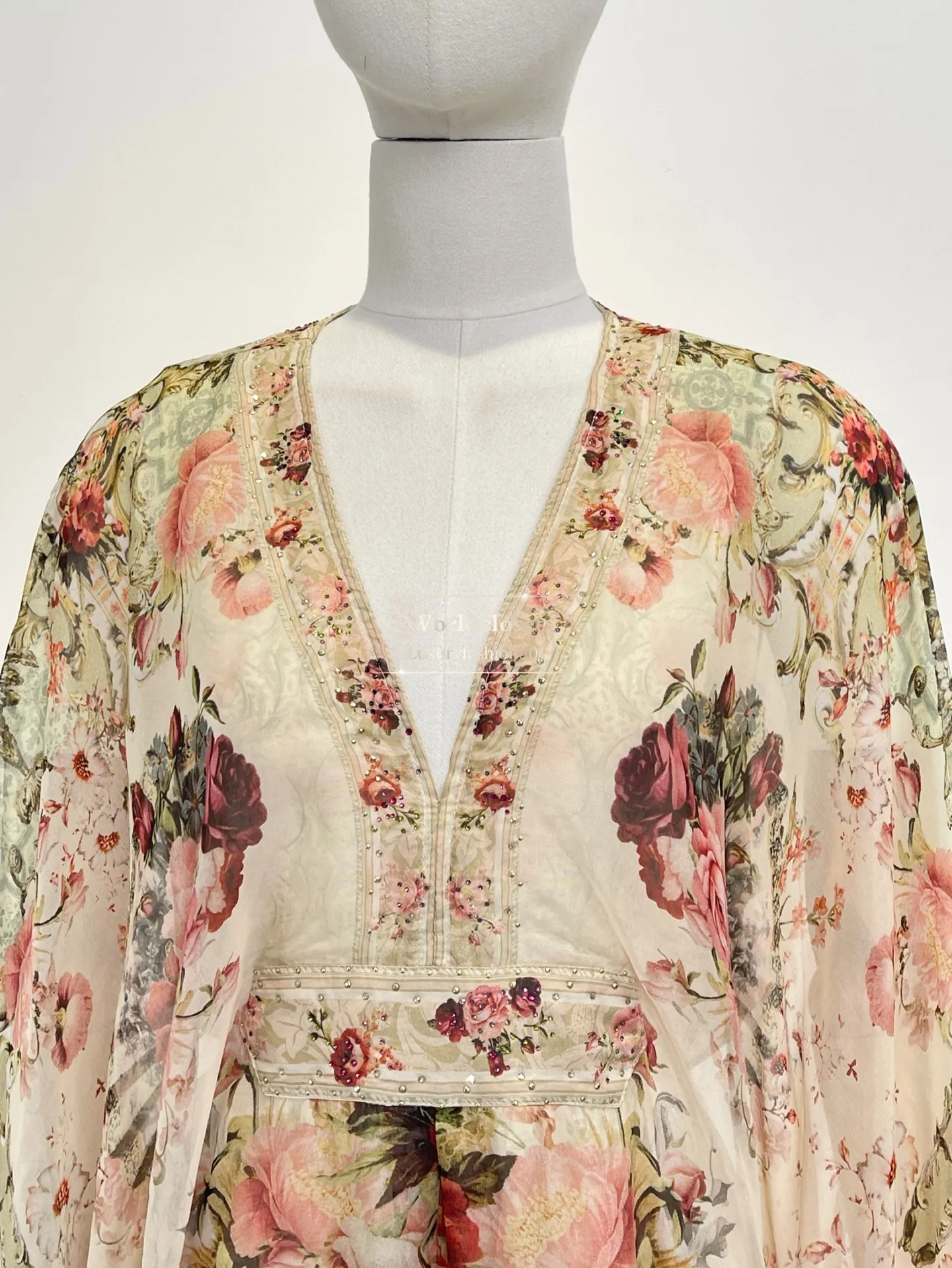 

Romantic Resort Gown Vintage Rose Floral Print Chiffon Cloak Sleeves Beaded Trim Waist Tie Dress