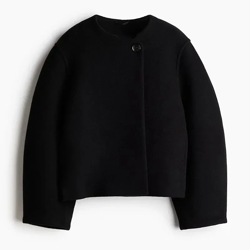 Fashion Women Solid Round Neck Short Coat Elegant Full Sleeve One Button Loose Women's Jacket Fall Winter Daily Wear