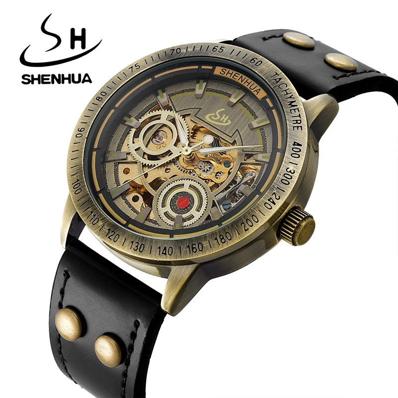 

SHENHUA Retro Vintage Bronze Skeleton Automatic Mechanical Watch Luxury Brand Men Watches Waterproof Luminous Watch