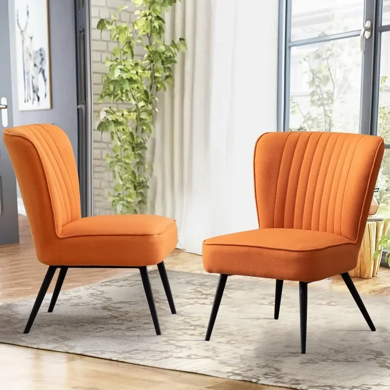 Alunaune Orange Accent Chair Set of 2 Upholstered Living Room Chairs Modern Bedroom Furniture Sets Armless Slipper Club Chair