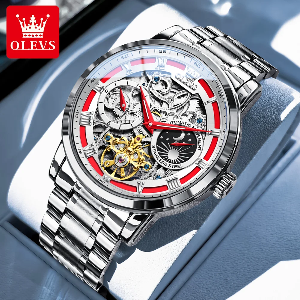 OLEVS 6670 All Automatic Watch Luxury Business Machinery Men Watch Waterproof Stainless Steel Moonphase Watch Hollow Men Watch