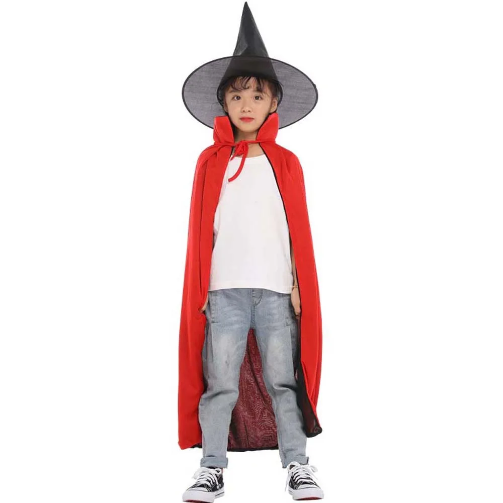 

Death Reaper Magician Cloak Halloween Cloak with Hat Double Layer Performance Costumes Wizard Robe Black Red Cosplay