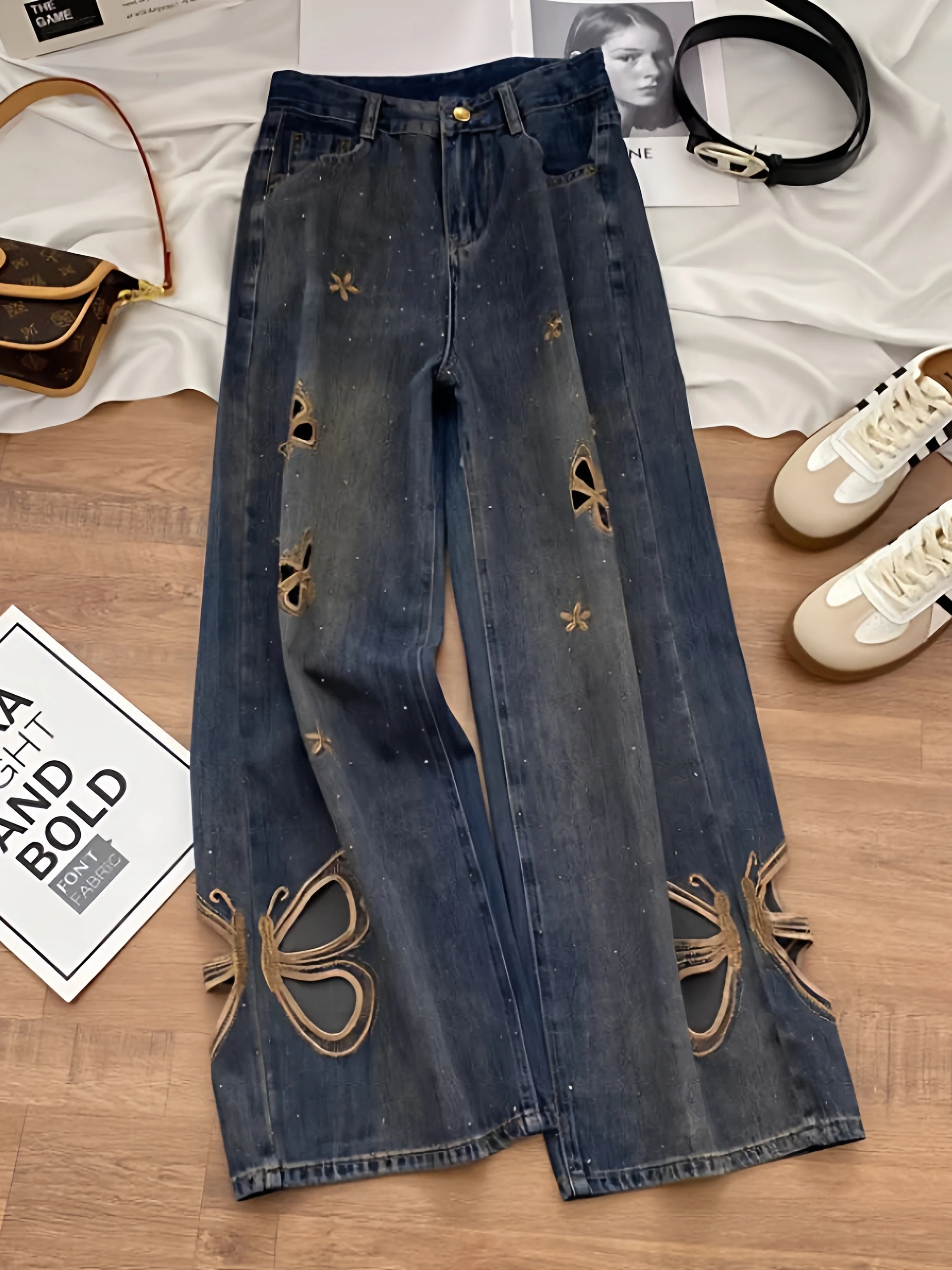 

plus Size Denim Jeans Women's Hollow out Heavy Du Rhinestone Embellied Wide Leg Pants Autumn Casual Faion