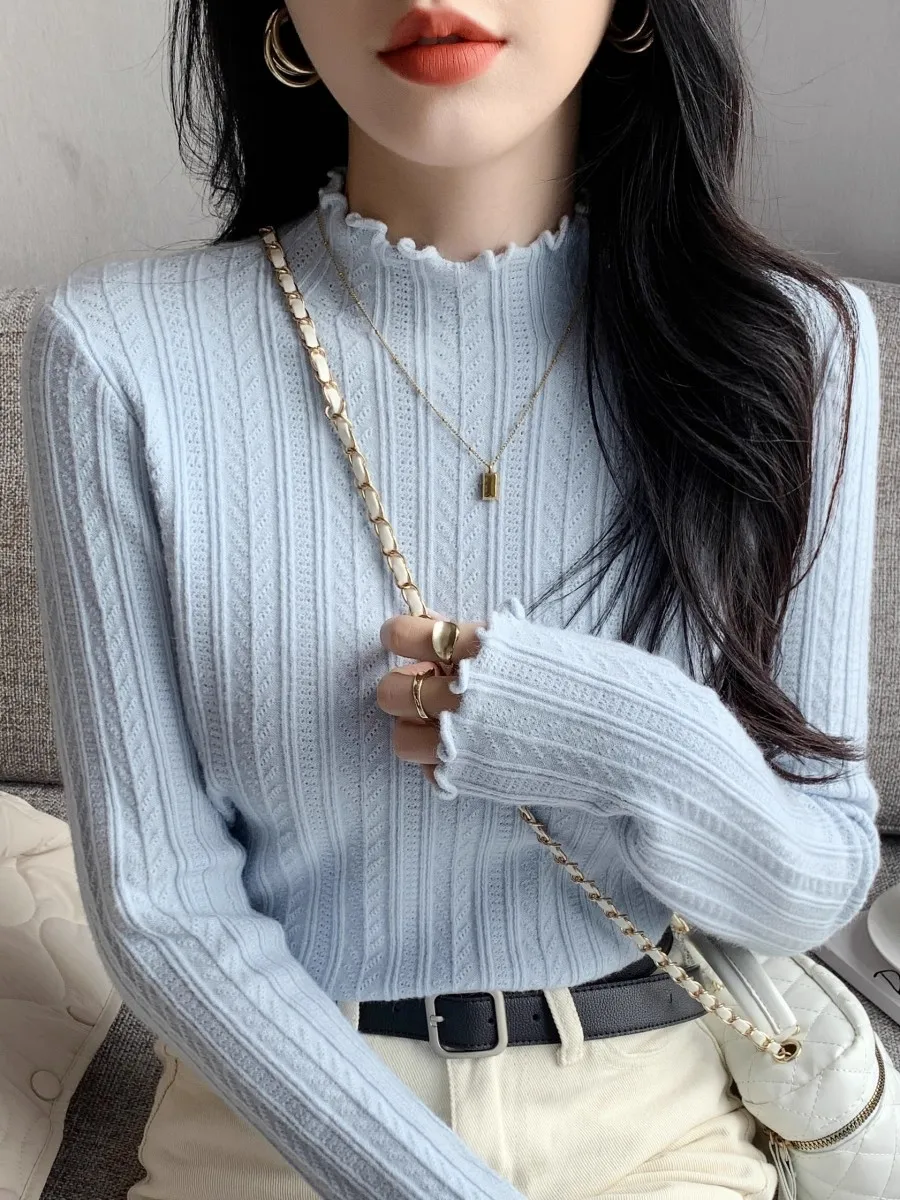 2026 Autumn Winter Mock Neck Ruffled Women Sweater Baby Blue Textured Elegant Inner Knit Base Top Slim Solid Color Pullover