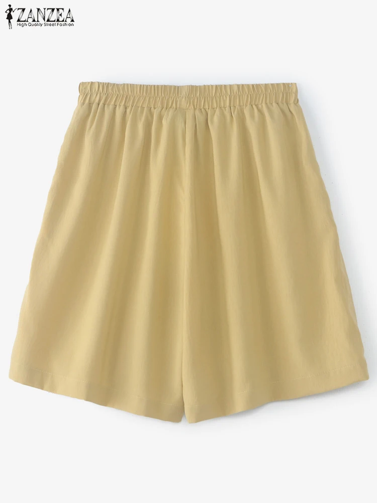 ZANZEA 2025 Mode Frauen Shorts Röcke Sommer Hosen Elastische Taille Pantalons Taschen Casual Einfarbig Breite Bein Shorts Oversize