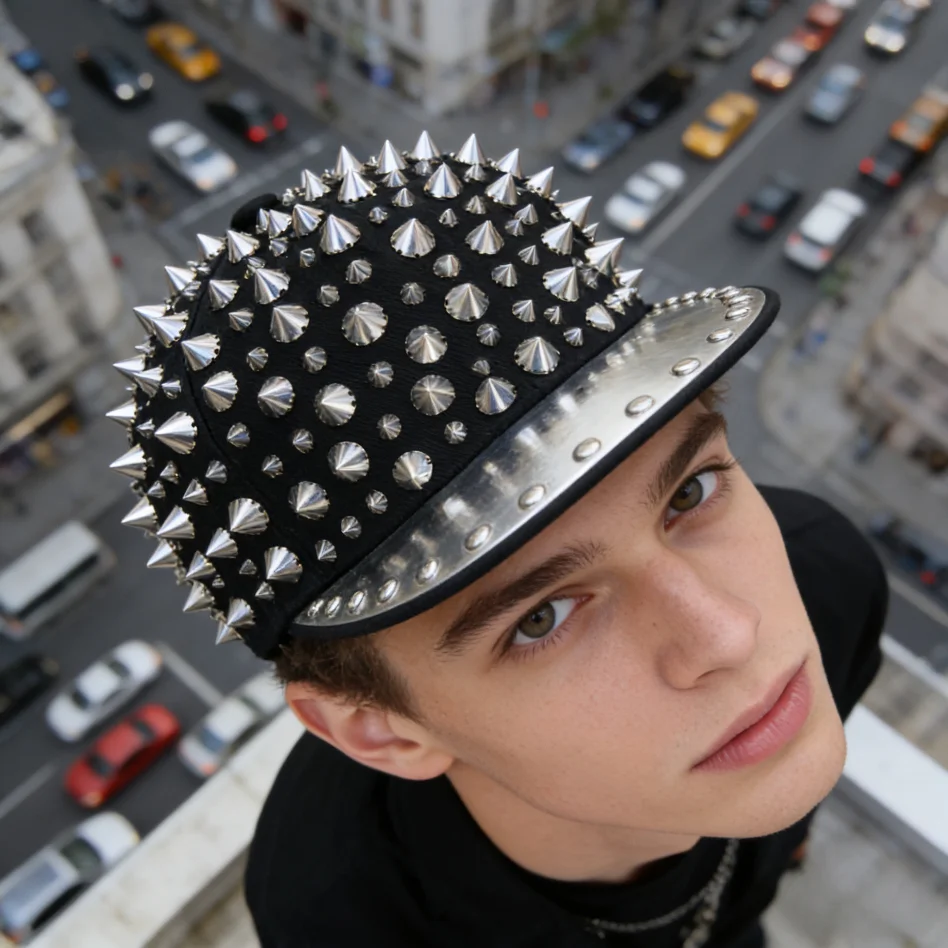 

Flat edge hip-hop hat, personalized rivet decoration, handmade heavy industry sewing, punk nightclub, wearing baseball cap