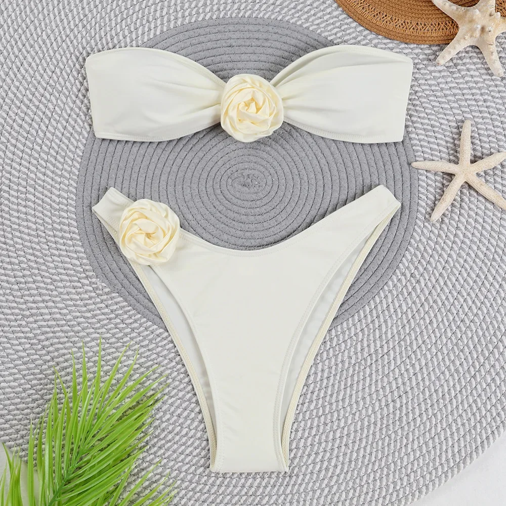 Maillot de bain fendu à bretelles plates pour femme, bikini de plage à la mode, document solide, fleur 3D, tendance, nouveau, 2024