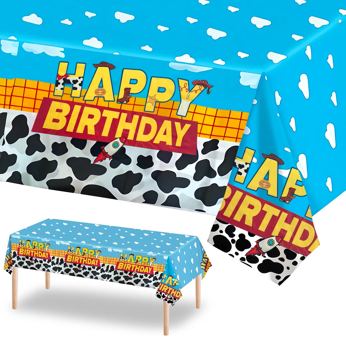 1/3Pcs Toy Themed Cow Cloud Print Disposable Tablecloth Rectangular Table Cover for Shower Birthday Theme Party Decor Supplies